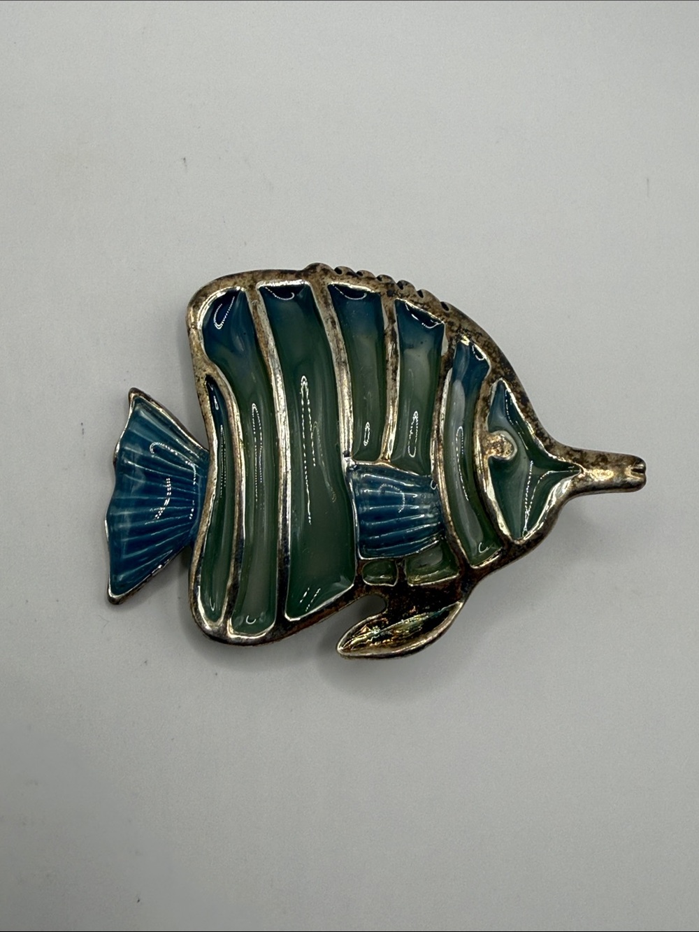 Vintage Silver Tone Signed MJ Blue Fish Statement Brooch Pin Pendant